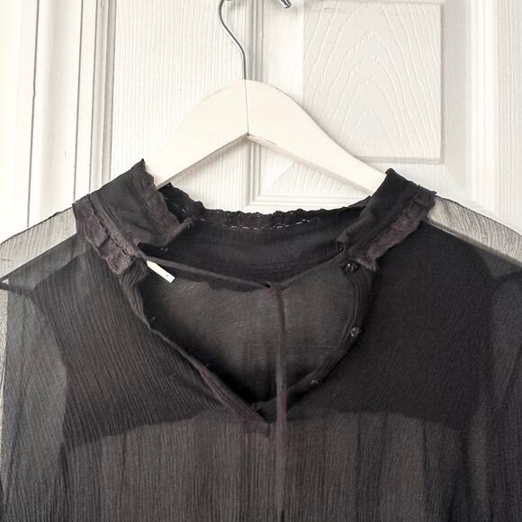 Free People Black Sheer Silk High Neck Vtg Victorian Witchy Core Blouse 6 Small - Picture 2 of 8